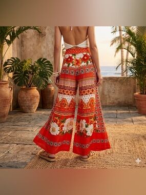 Farm Rio x Anthropologie Floral Tropical Boho Wide-Leg Pants High Rise Relaxed M